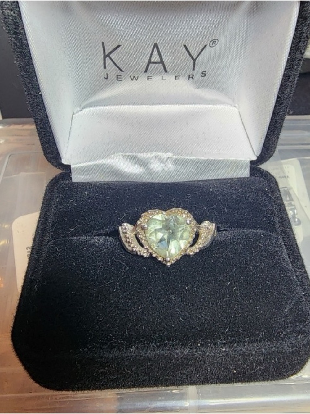 Kay Jewelers Gold Heart Ring with Light Green Center and Diamond Accents